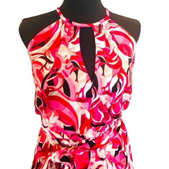 INC International Concepts Abstract Print Keyhole Halter Peplum Blouse Pink XS - Picture 2 of 7
